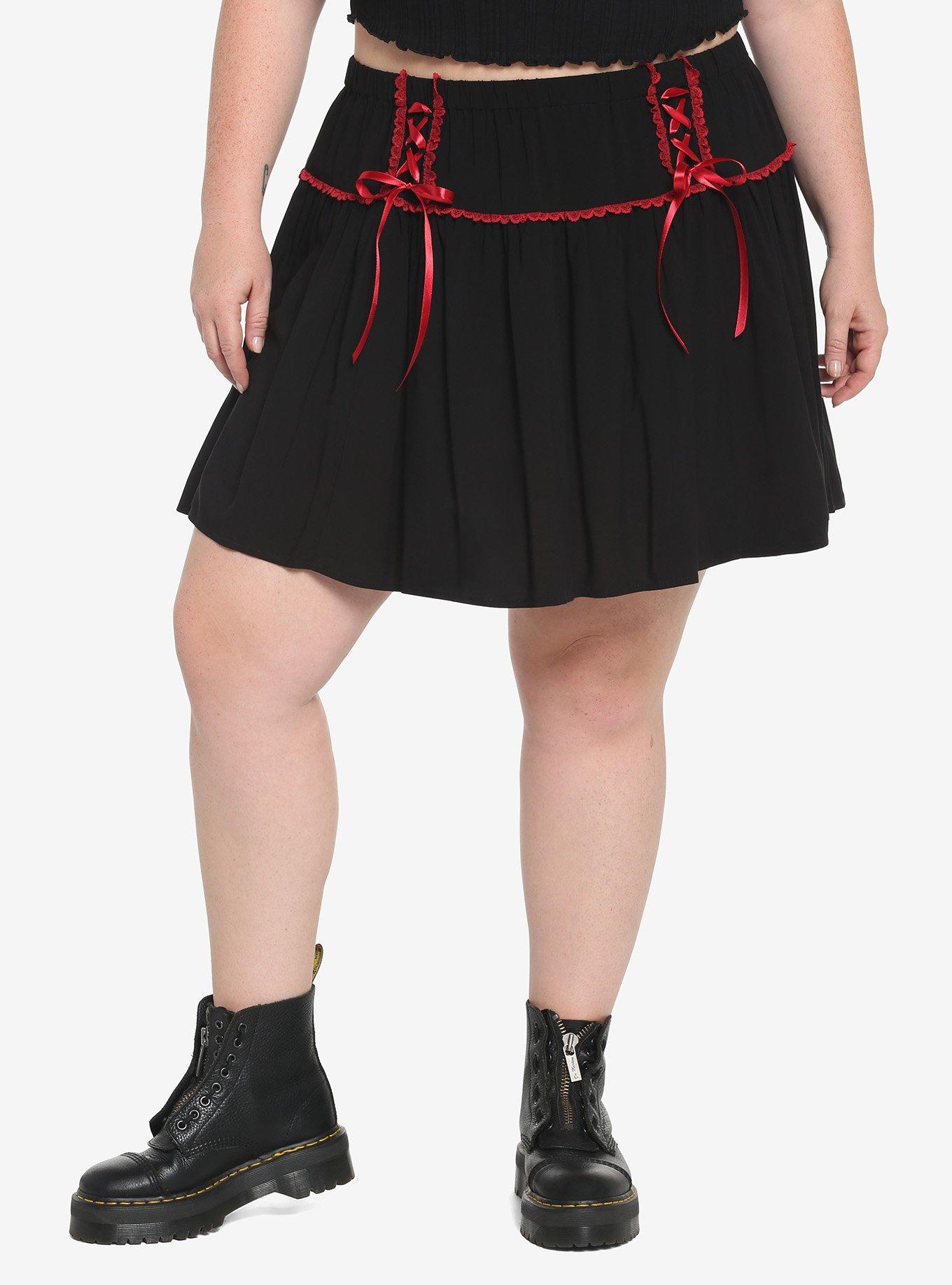 Black & Red Lace-Up Skirt Plus Size, BLACK, hi-res