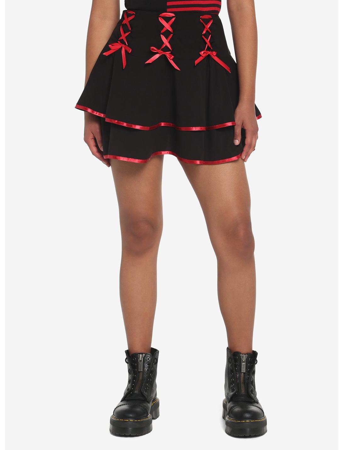 Black & Red Lace-Up Satin Trim Tiered Skirt, BLACK, hi-res