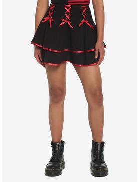 Black & Red Lace-Up Satin Trim Tiered Skirt, , hi-res
