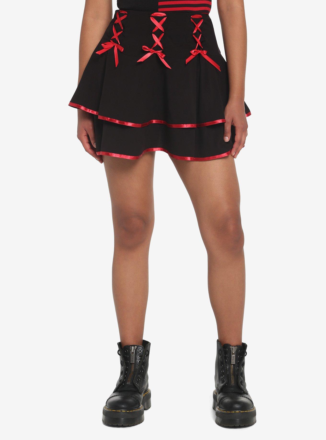 Black & Red Lace-Up Satin Trim Tiered Skirt, BLACK, hi-res