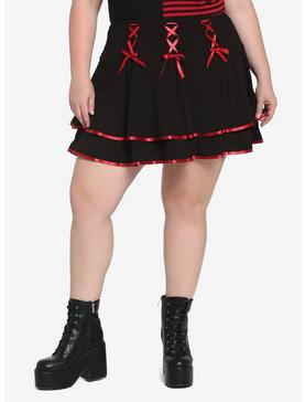 Black & Red Lace-Up Satin Trim Tiered Skirt Plus Size, , hi-res