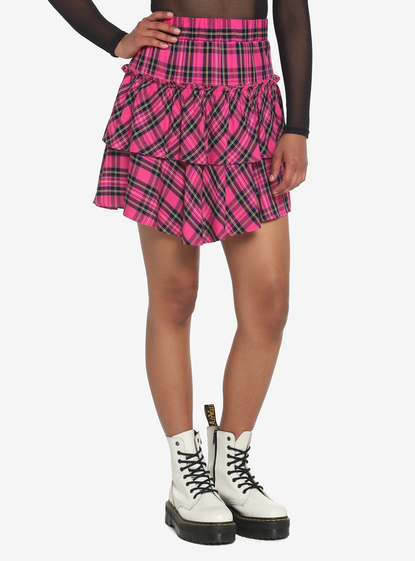 Pink Plaid Wide Yoke Ruffle Skirt, PLAID - PINK, hi-res