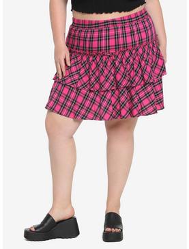 Pink Plaid Wide Yoke Ruffle Skirt Plus Size, , hi-res