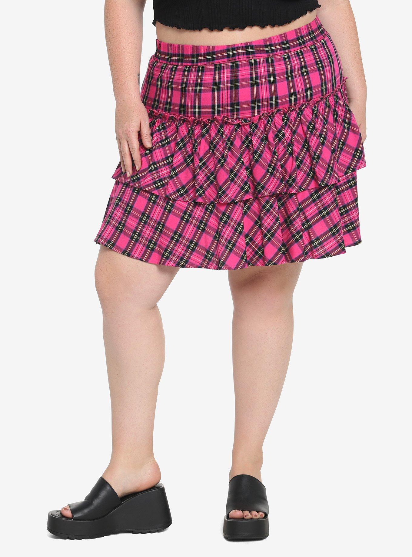 Pink Plaid Wide Yoke Ruffle Skirt Plus Size, PLAID - PINK, hi-res