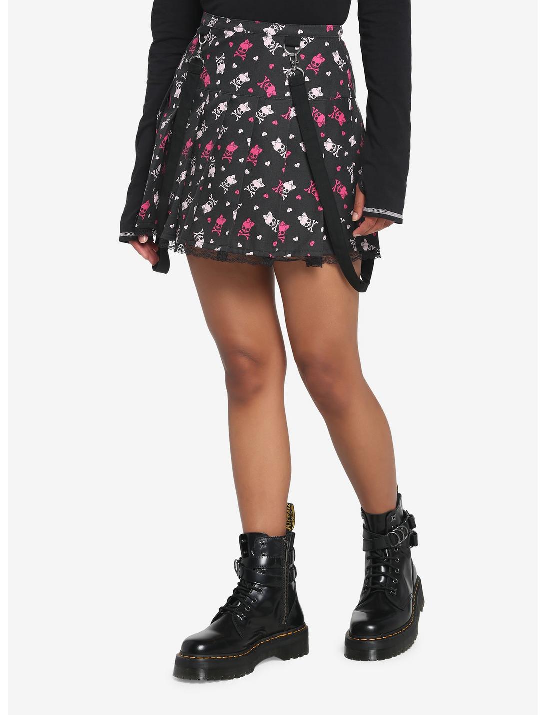 Black & Pink Skulls Pleated Suspender Skirt, BLACK, hi-res