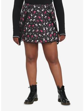 Black & Pink Skulls Pleated Suspender Skirt Plus Size, , hi-res