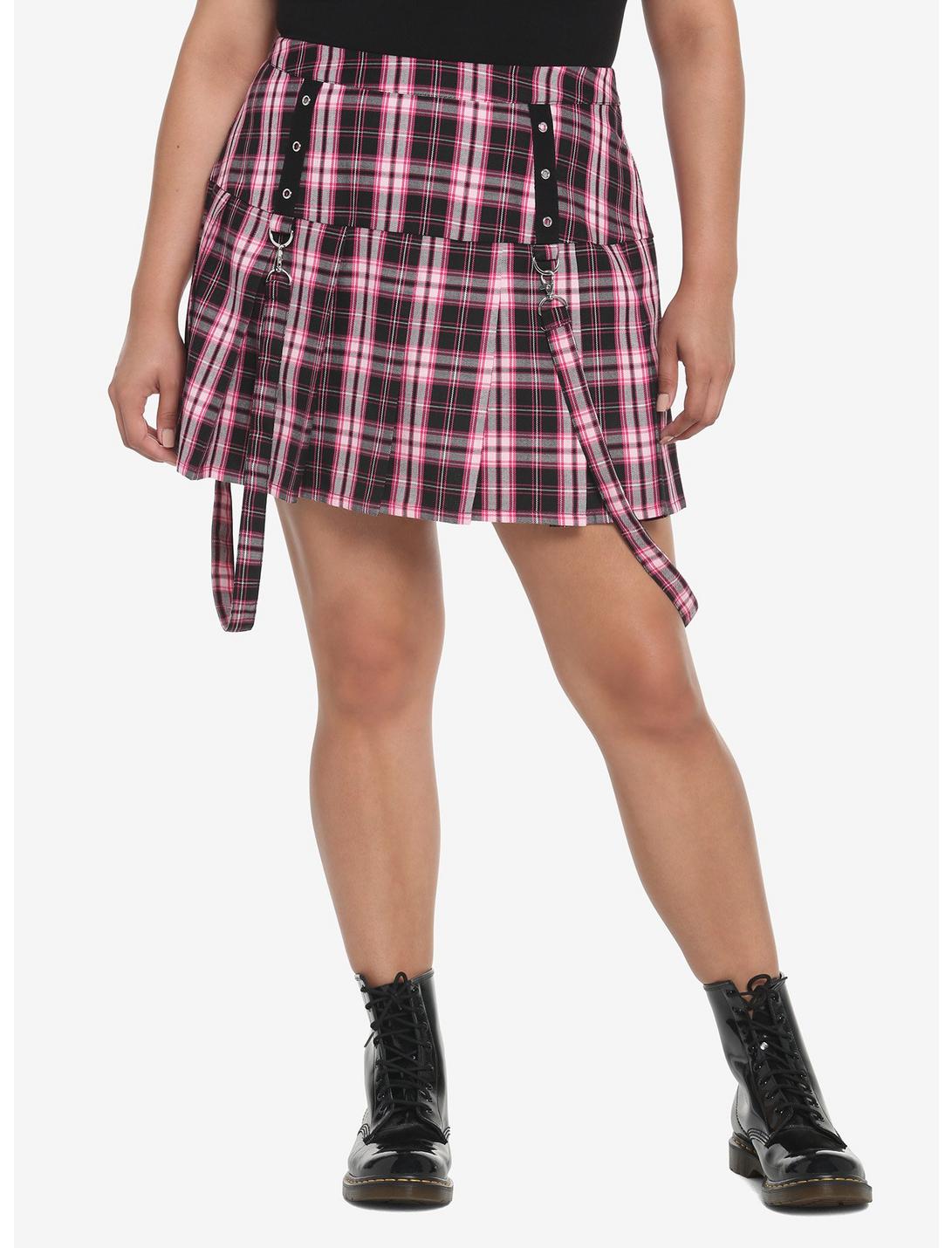 Black & Pink Plaid Pleated Suspender Skirt Plus Size, PLAID - PINK, hi-res