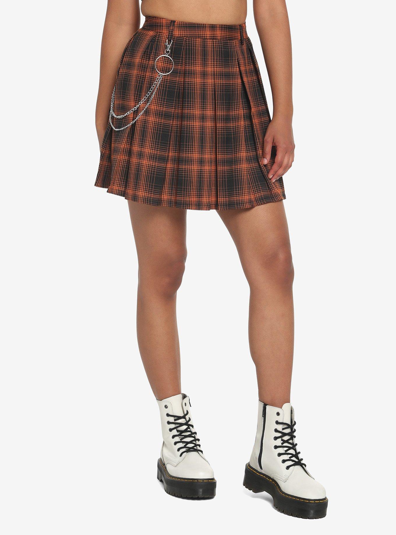 Orange Plaid Double Chain Pleated Skirt