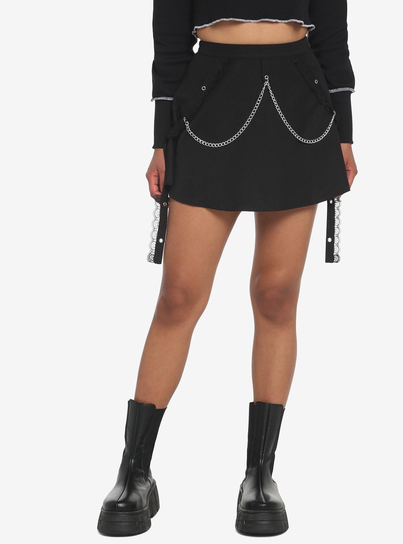 Royal Bones By Tripp Black Chain & Grommet Skater Skirt, BLACK, hi-res