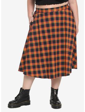 Orange & Black Plaid Retro Midi Skirt Plus Size, , hi-res