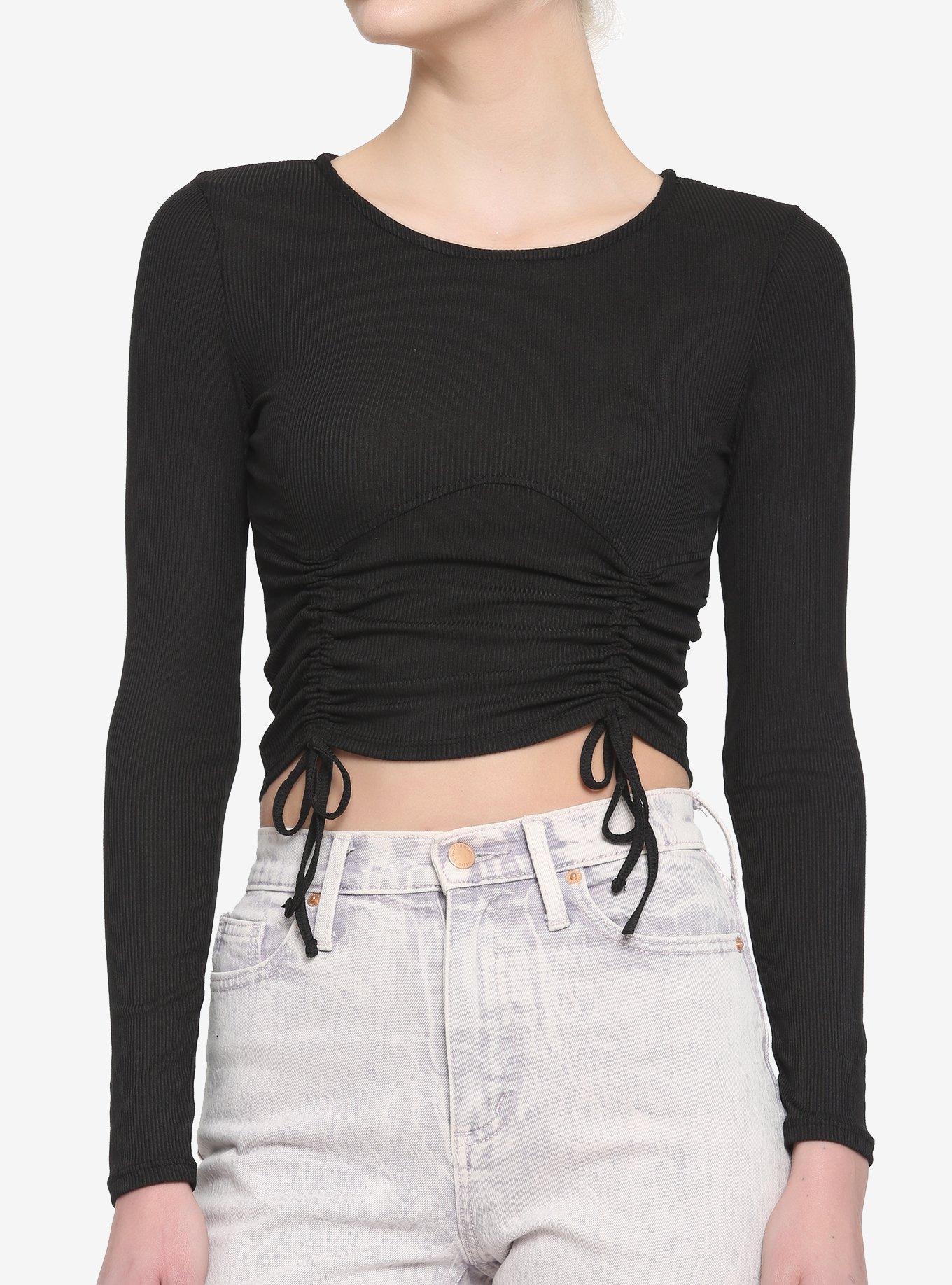 Black Front Drawstring Girls Crop Long-Sleeve Top | Hot Topic