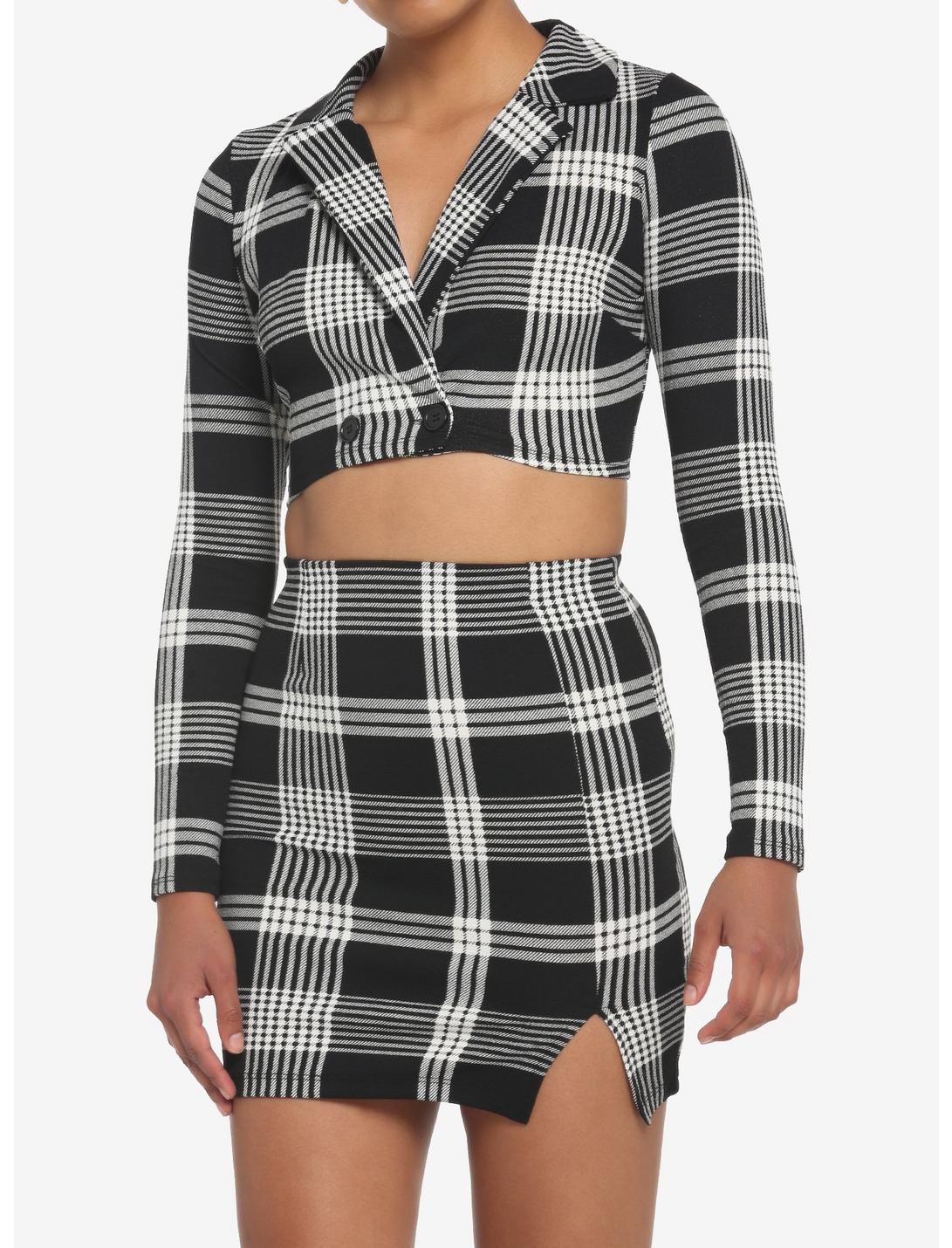 Black & White Plaid Crop Blazer & Skirt Set, PLAID, hi-res