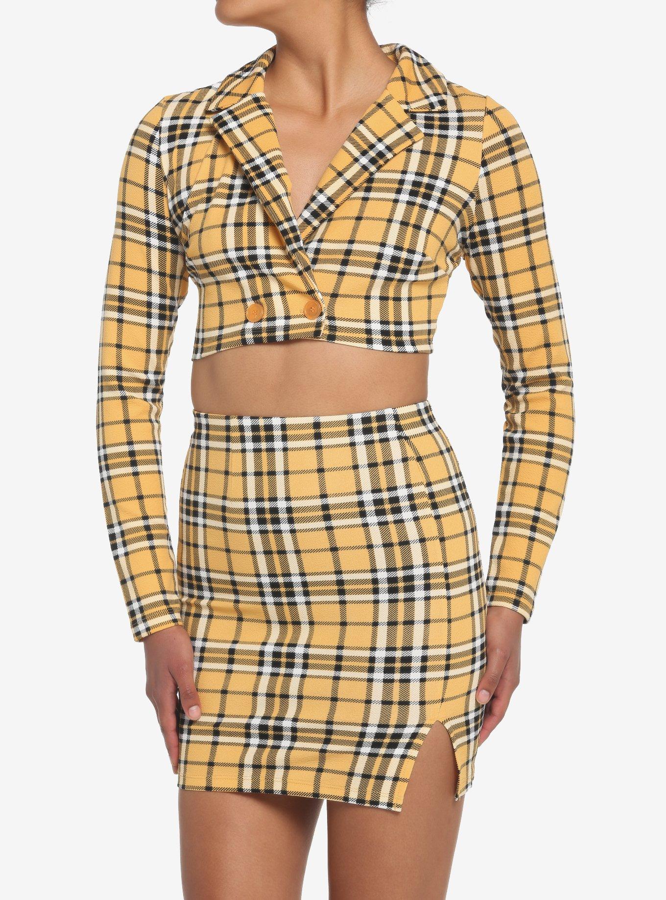 Yellow Plaid Crop Blazer & Skirt Set, PLAID - YELLOW, hi-res
