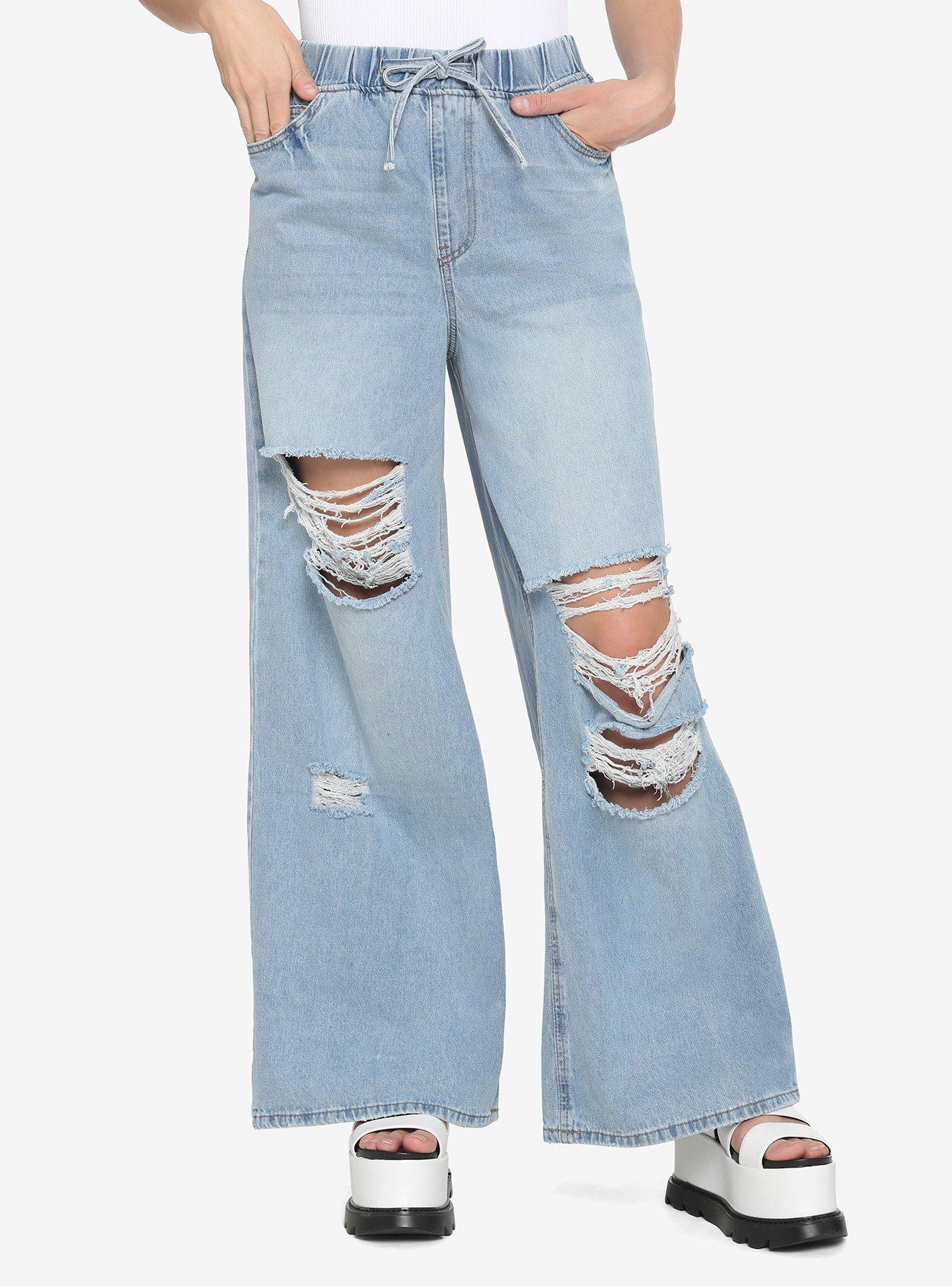 Destructed Wide Leg Denim Jeans, INDIGO, hi-res