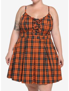 Black & Orange Plaid Pleated Lace-Up Dress Plus Size, , hi-res