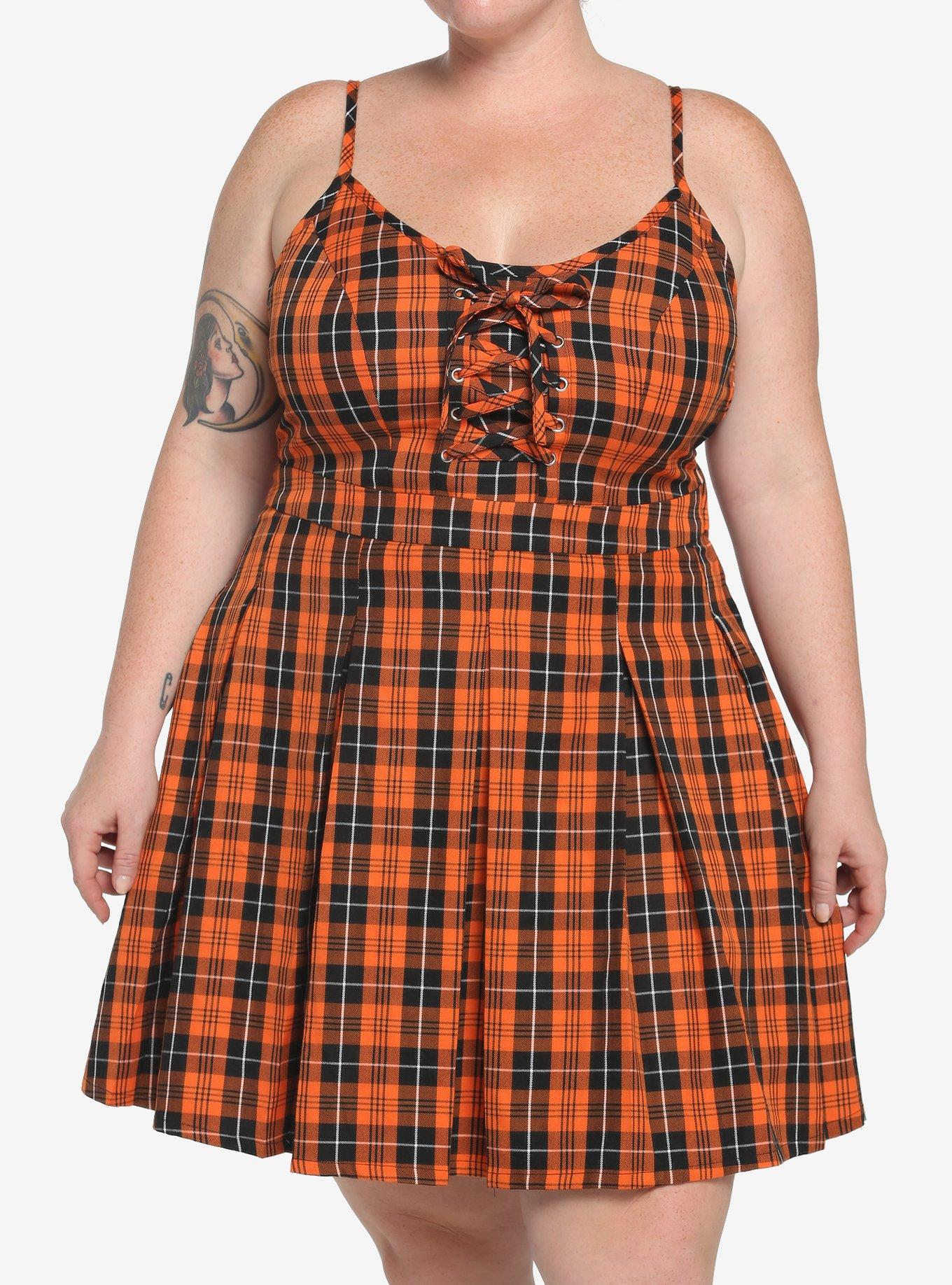 Black & Orange Plaid Pleated Lace-Up Dress Plus Size, PLAID - MULTI, hi-res