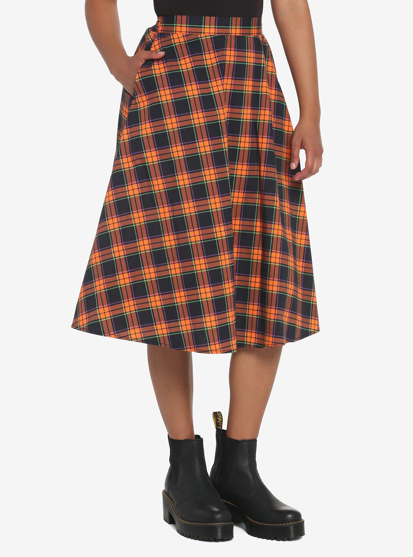 Orange & Black Plaid Retro Midi Skirt, PLAID - MULTI, hi-res