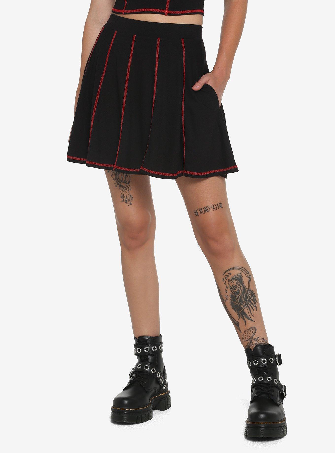 Black & Red Contrast Stitch Skirt, BLACK  RED, hi-res