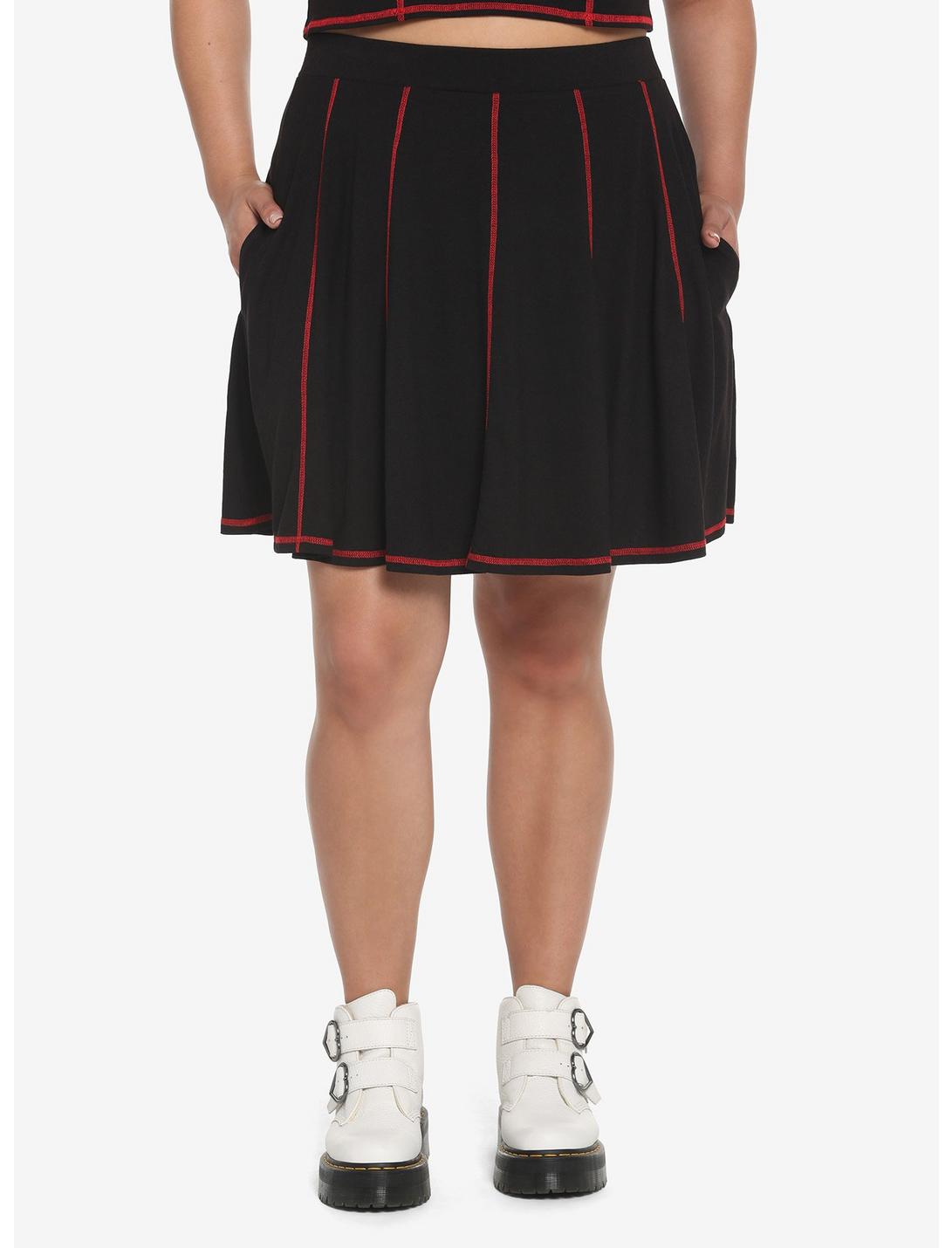 Black & Red Contrast Stitch Skirt Plus Size, BLACK  RED, hi-res