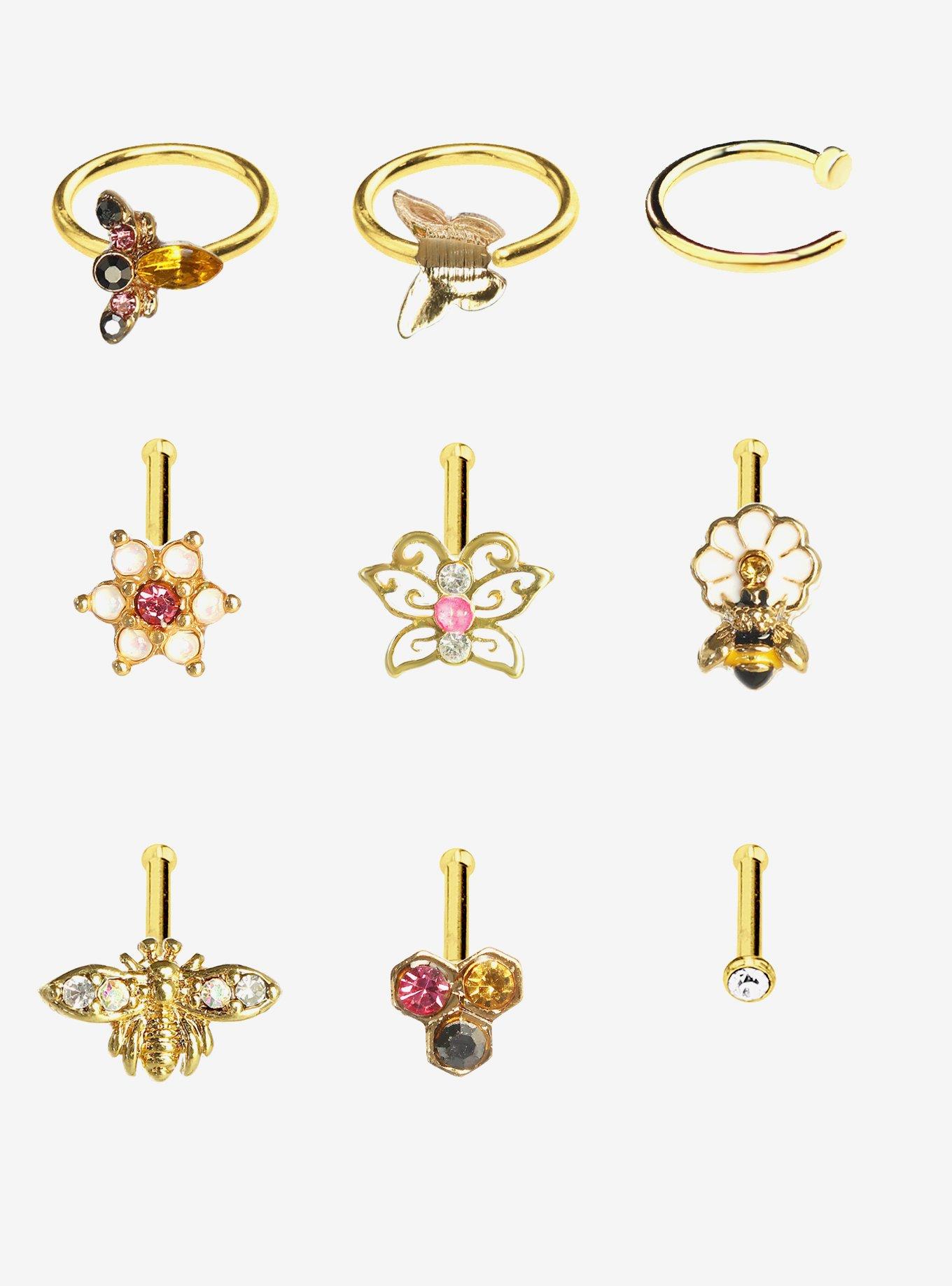 Steel Gold Butterflies & Bees Nose Stud & Hoop 9 Pack, GOLD, hi-res