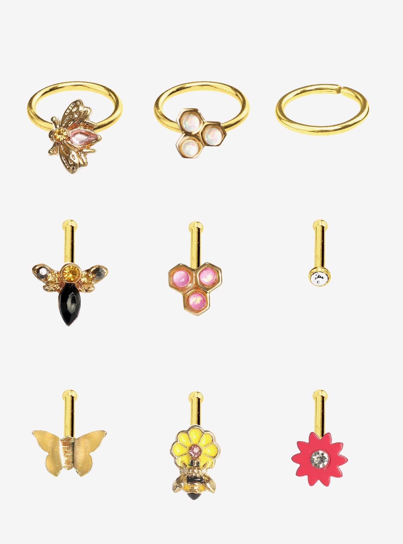Steel Gold Butterflies & Bees Floral Nose Stud & Hoop 9 Pack, GOLD, hi-res