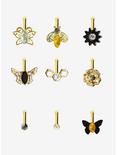 Steel Gold Bees & Butterflies Nose Stud 9 Pack, GOLD, hi-res