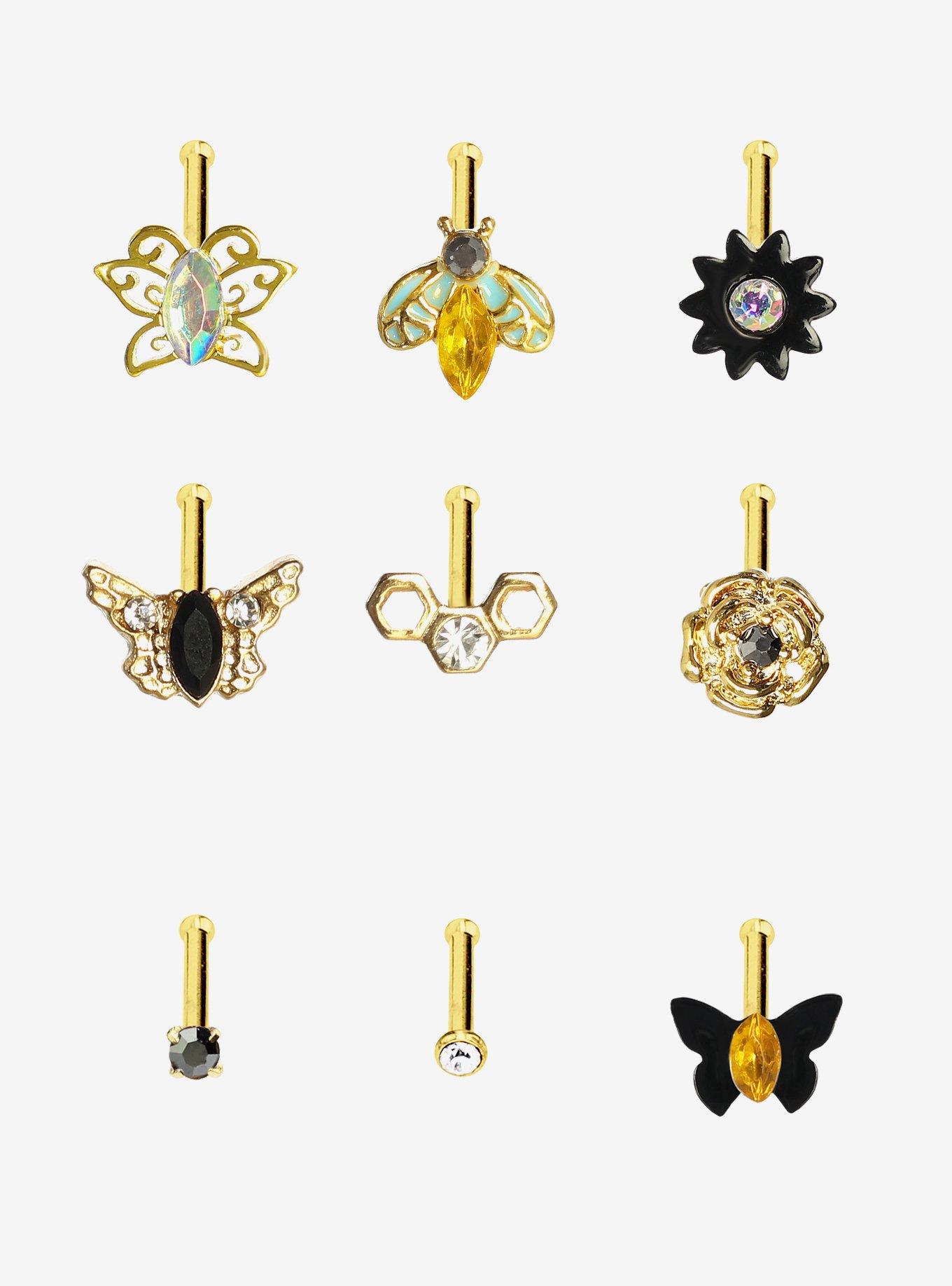 Steel Gold Bees & Butterflies Nose Stud 9 Pack, GOLD, hi-res