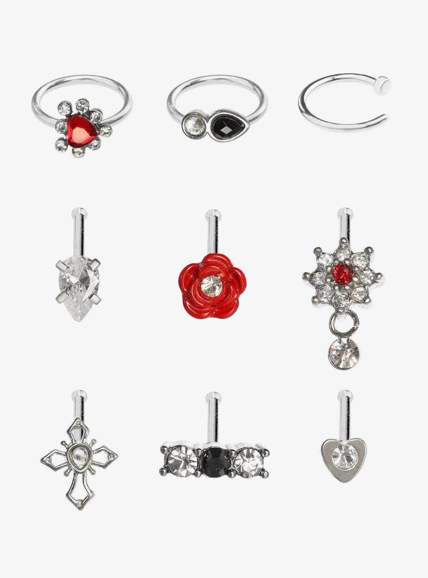 Steel Silver Gothic Romance Nose Stud & Hoop 9 Pack, SILVER, hi-res