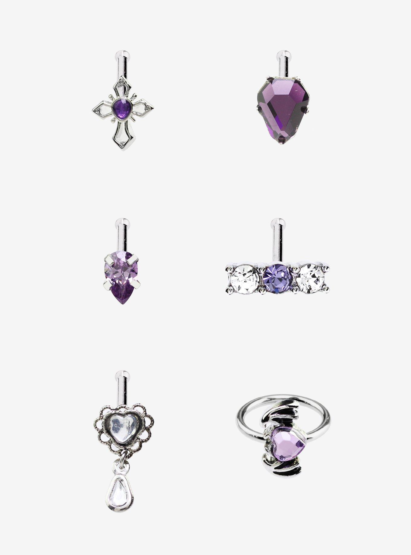 Steel Silver Purple Hearts Nose Stud & Hoop 6 Pack, SILVER, hi-res