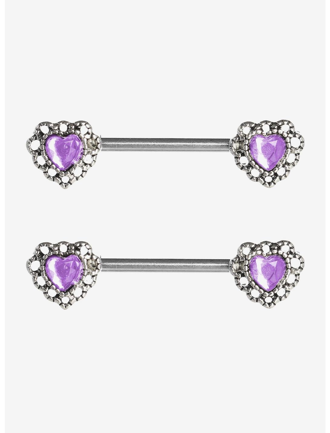 Steel Silver Purple Heart Gem Nipple Barbell 2 Pack, , hi-res