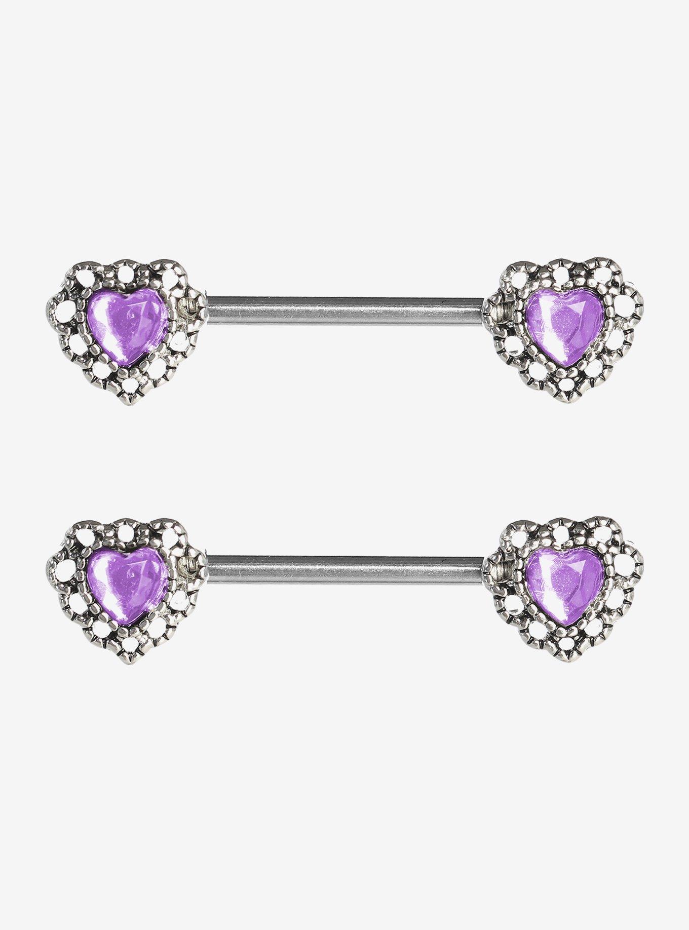 14G Steel Silver Purple Heart Gem Nipple Barbell 2 Pack, , hi-res
