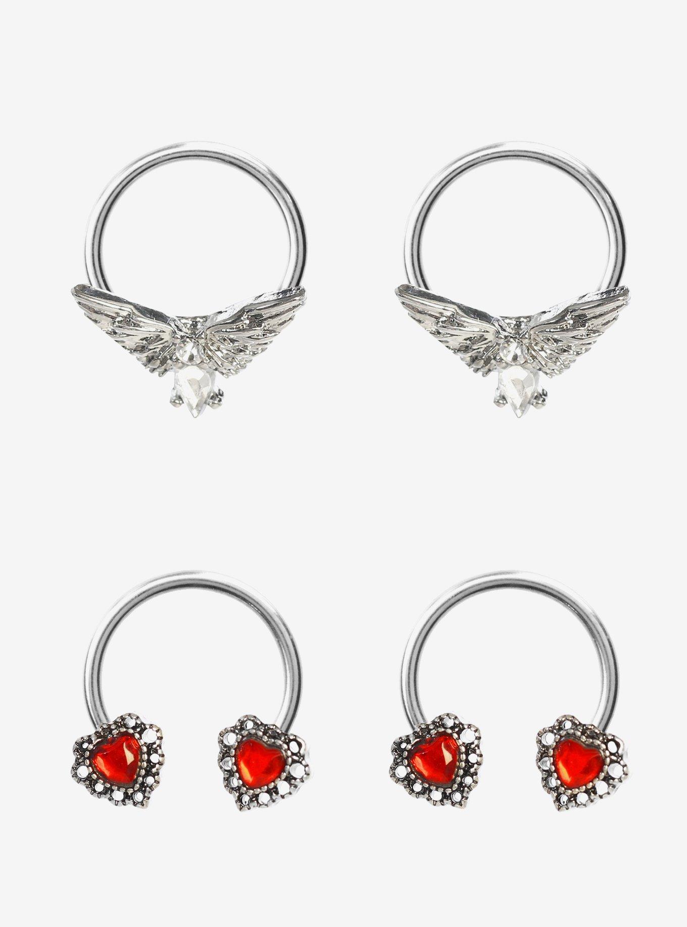 Steel Silver Wing Heart Gem Circular Barbell & Captive Hoop 4 Pack, SILVER, hi-res