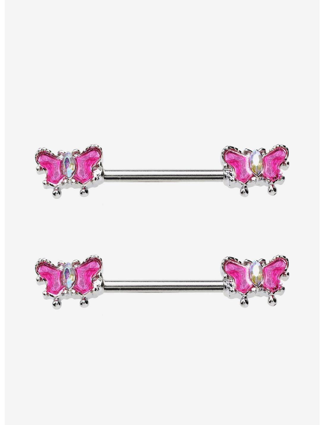 14G Steel Pink Butterfly Nipple Barbell 2 Pack, , hi-res