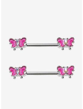 14G Steel Pink Butterfly Nipple Barbell 2 Pack, , hi-res