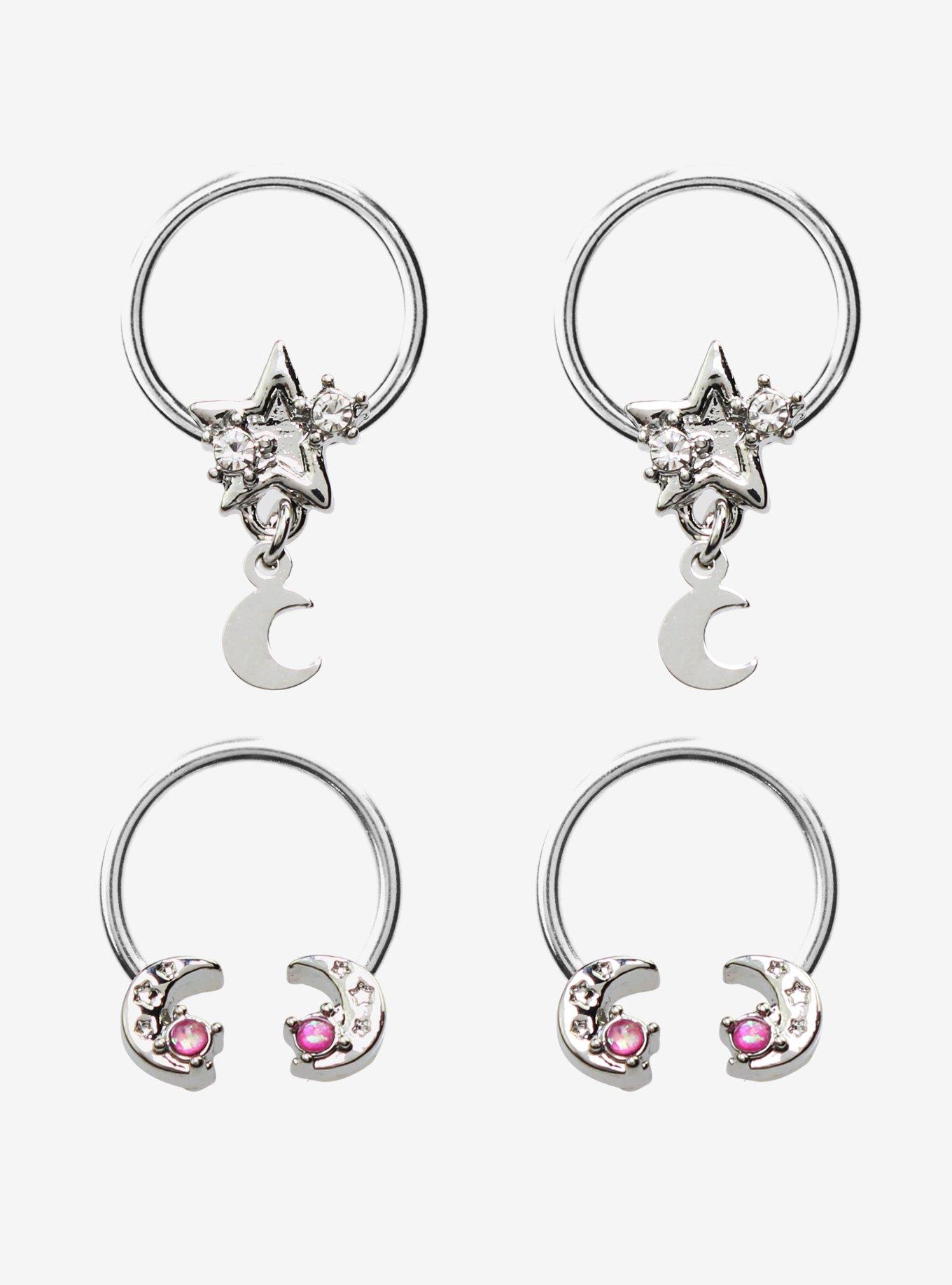 Steel Silver Celestial Curved Barbell & Captive Hoop 4 Pack, SILVER, hi-res