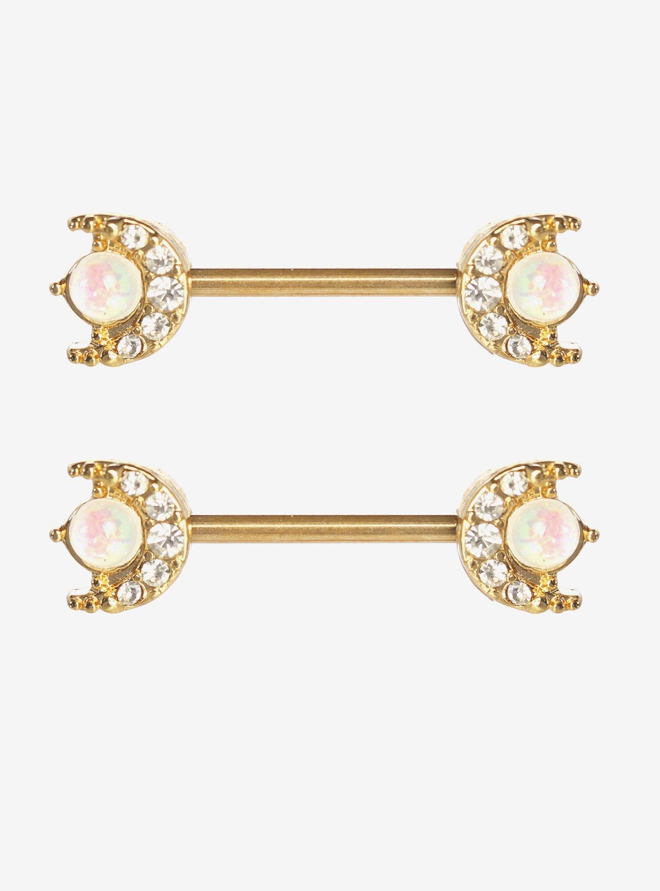 Steel Gold Opal Moon Nipple Barbell 2 Pack, , hi-res