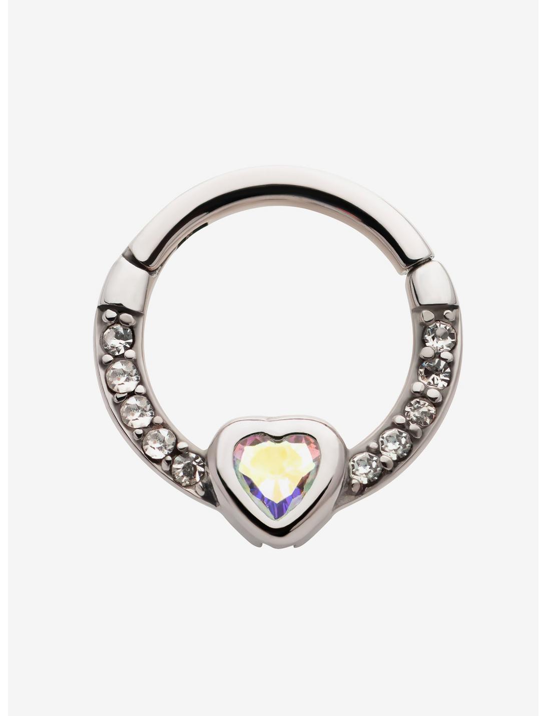 Steel Silver CZ Heart Hinged Clicker, , hi-res