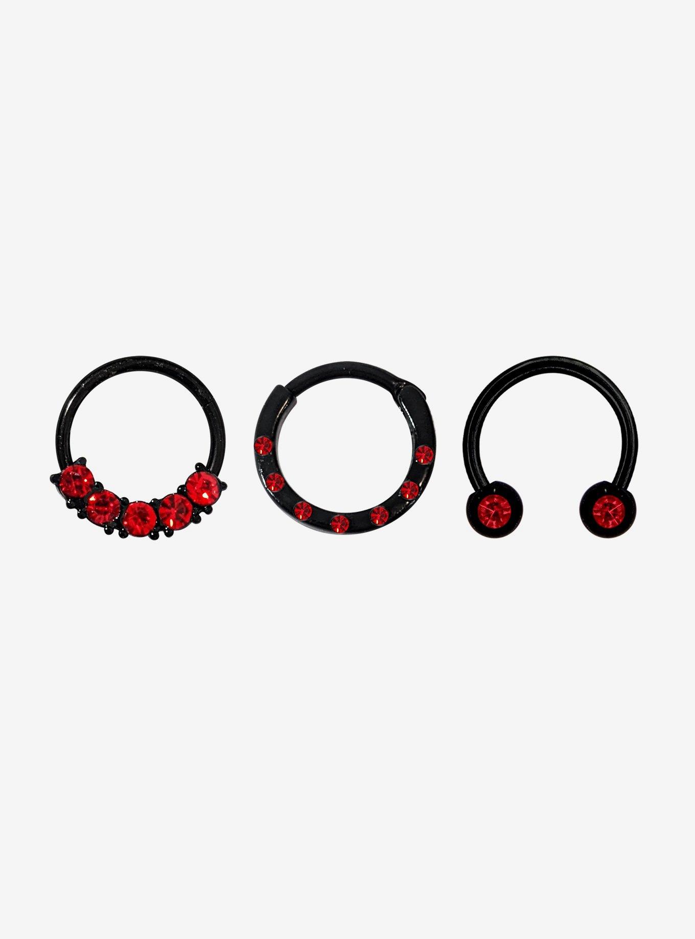 Steel Black Red Gem Septum Clicker & Curved Barbell 3 Pack, , hi-res