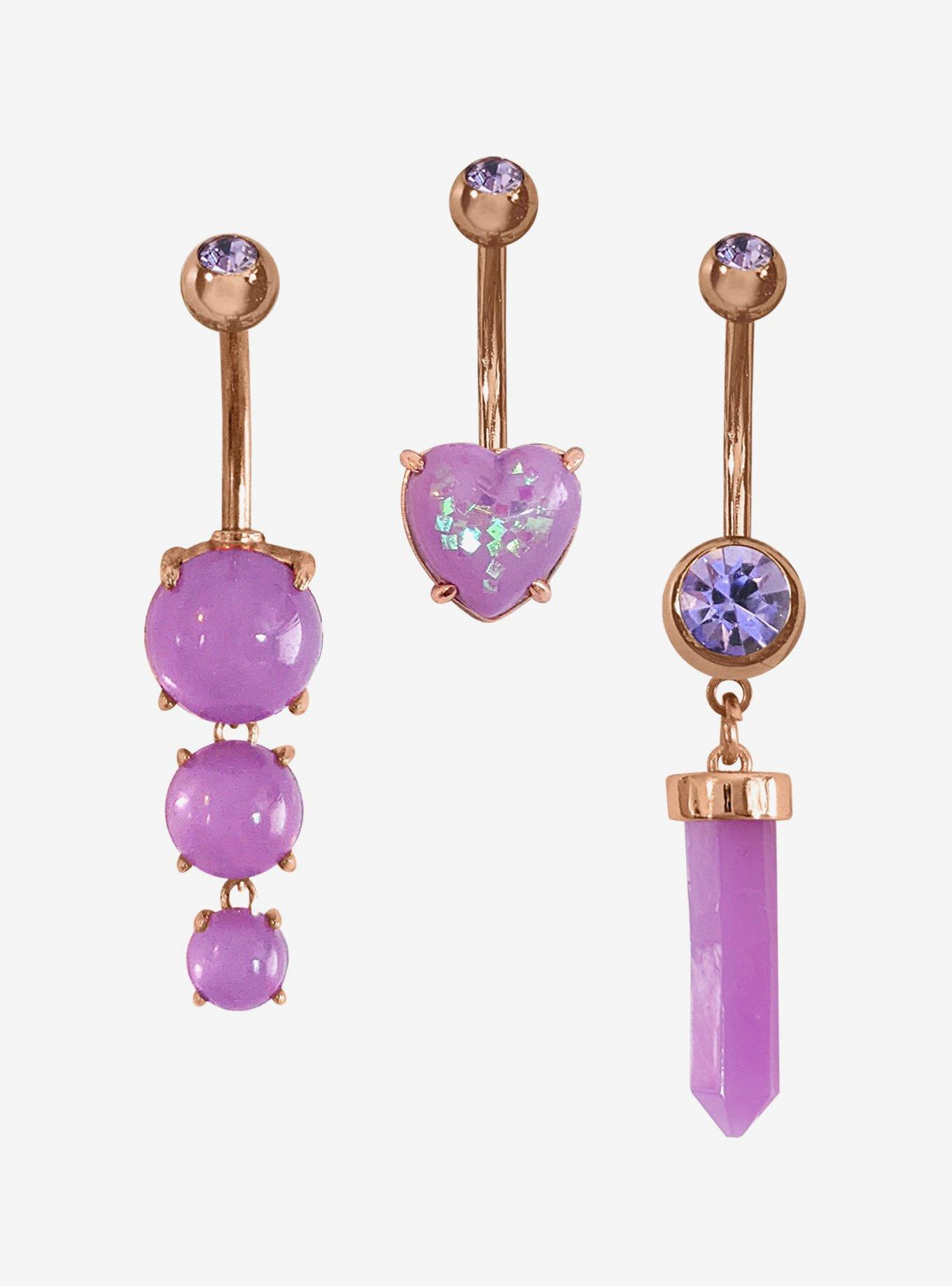 Steel Rose Gold Purple Crystal Navel Barbell 3 Pack Hot Topic