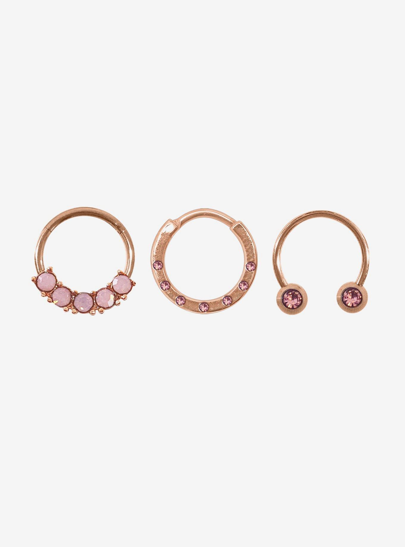 Steel Rose Gold Pink Gem Septum Clicker & Curved Barbell 3 Pack, , hi-res