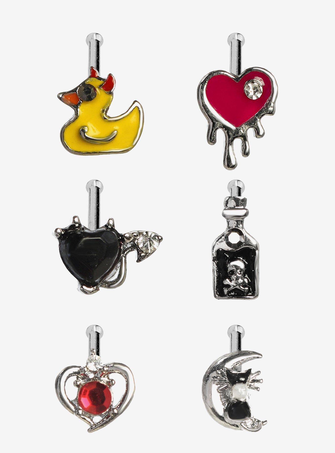 Steel Silver Poison Heart Cat Nose Stud 6 Pack, MULTI, hi-res