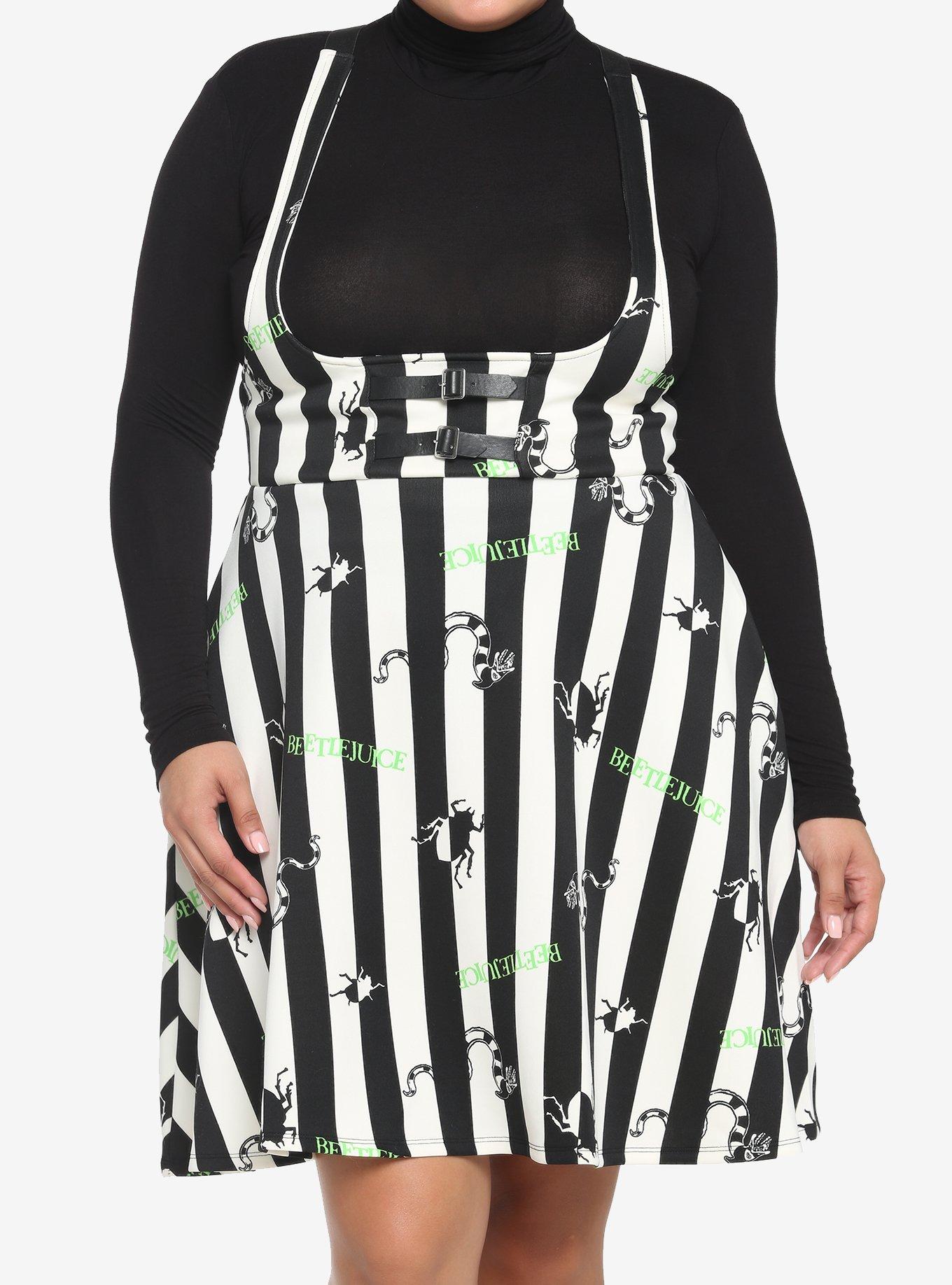 Beetlejuice Stripe Buckle Suspender Skirt Plus Size, BLACK WHITE STRIPE, hi-res