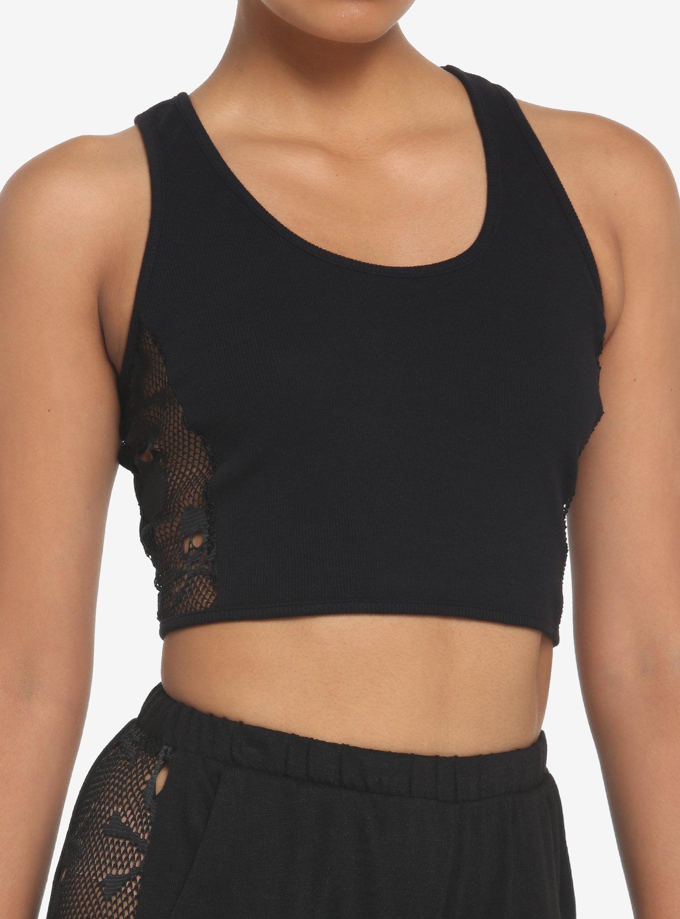 Black Skulls Mesh Girls Crop Tank Top, BLACK, hi-res