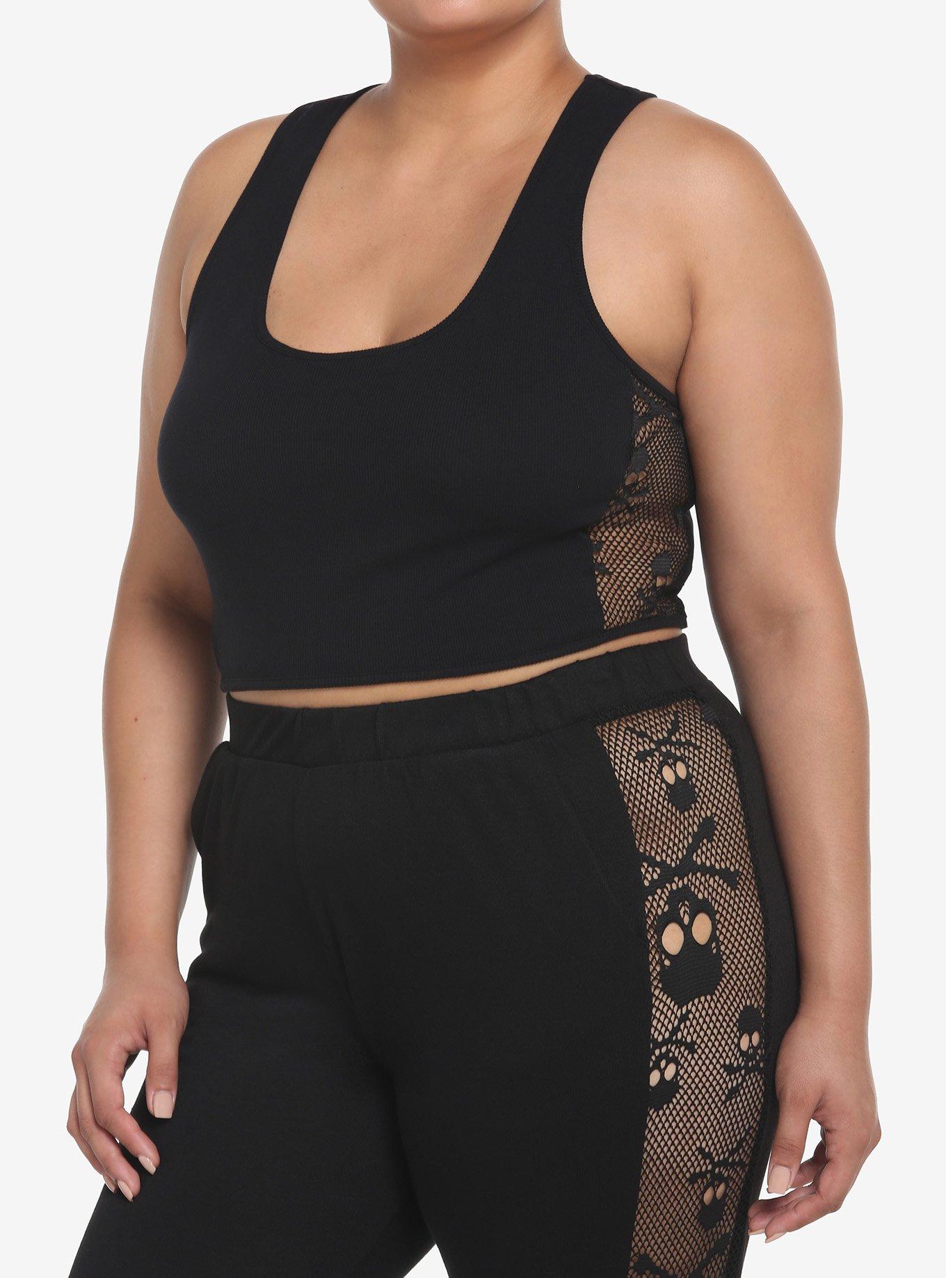 Black Skulls Mesh Crop Girls Tank Top Plus Size, BLACK, hi-res