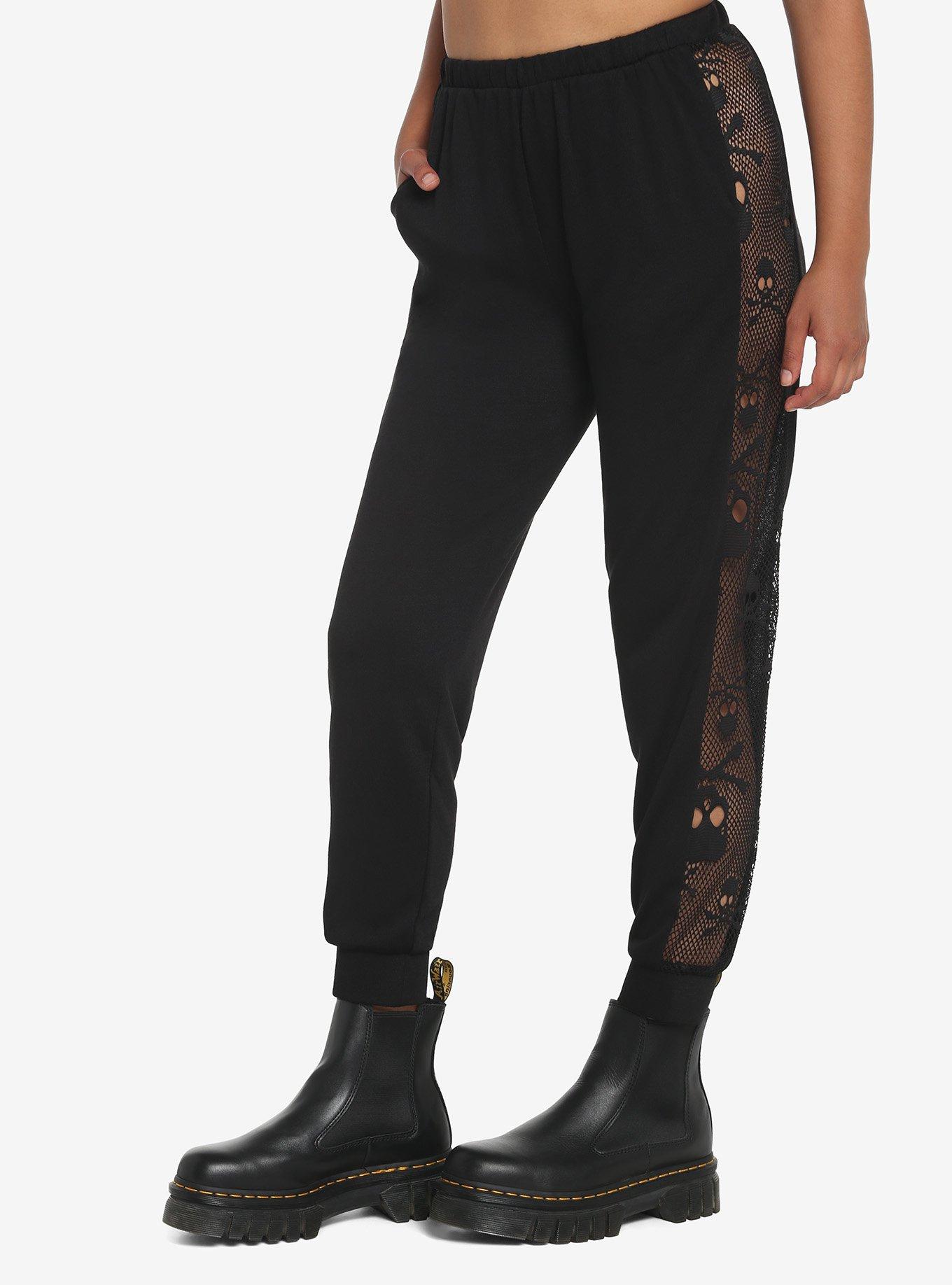 Black Skulls Mesh Girls Sweatpants, BLACK, hi-res