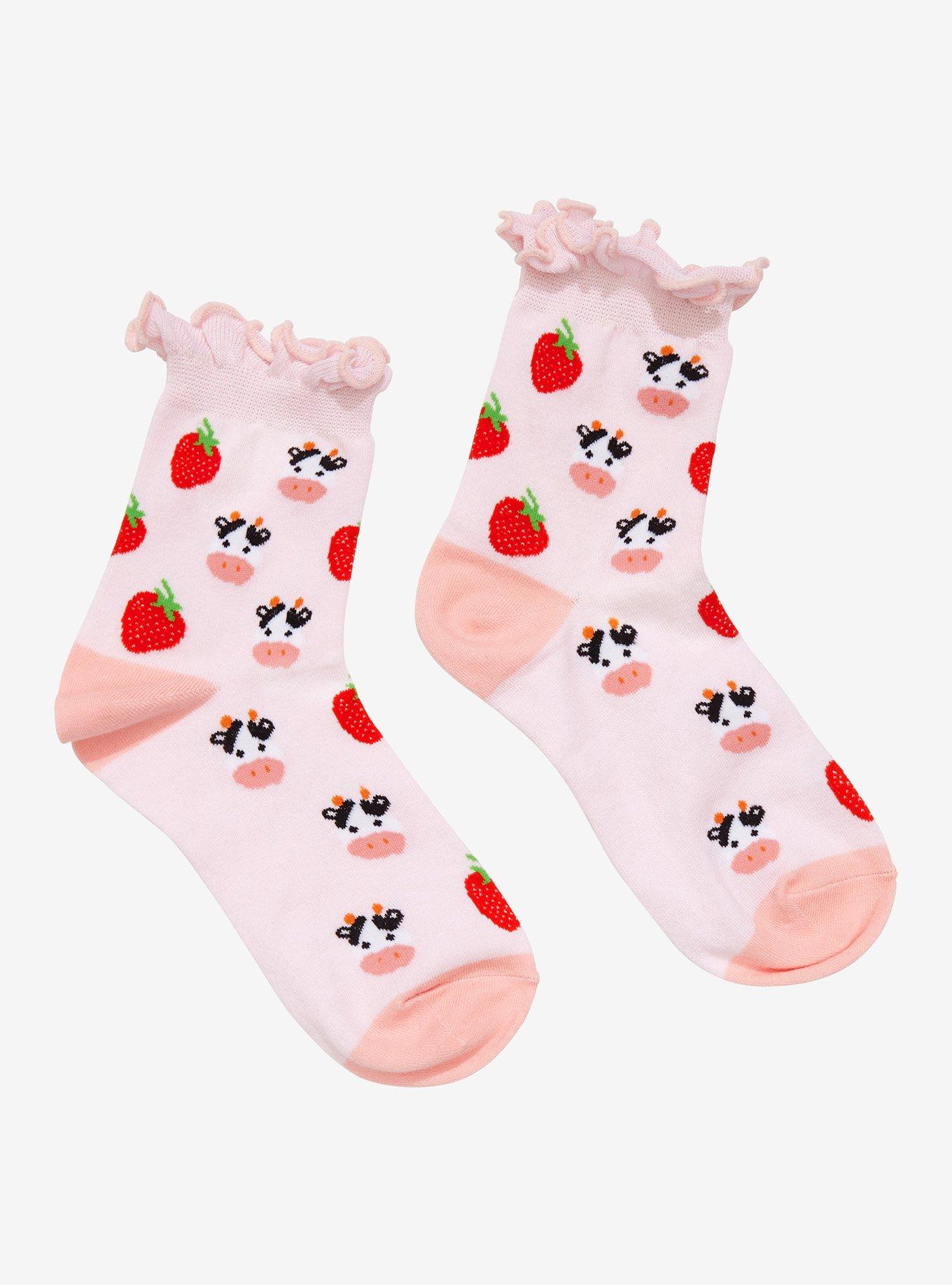 Strawberry Cow Ruffle Ankle Socks, , hi-res