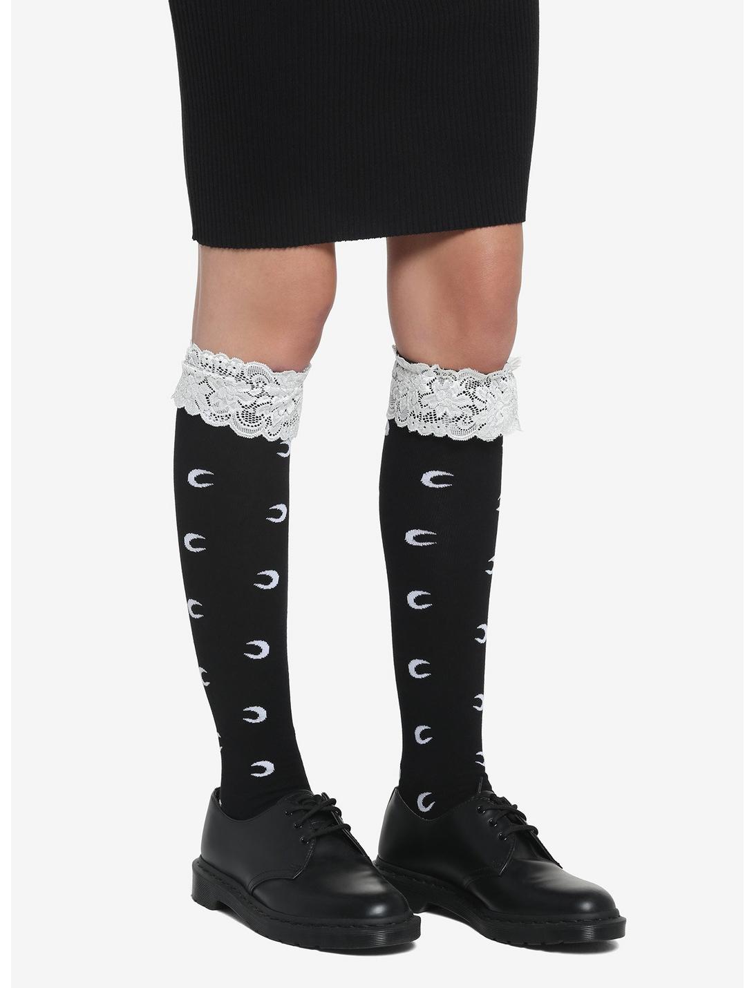 Crescent Moon Lace Ruffle Knee-High Socks, , hi-res