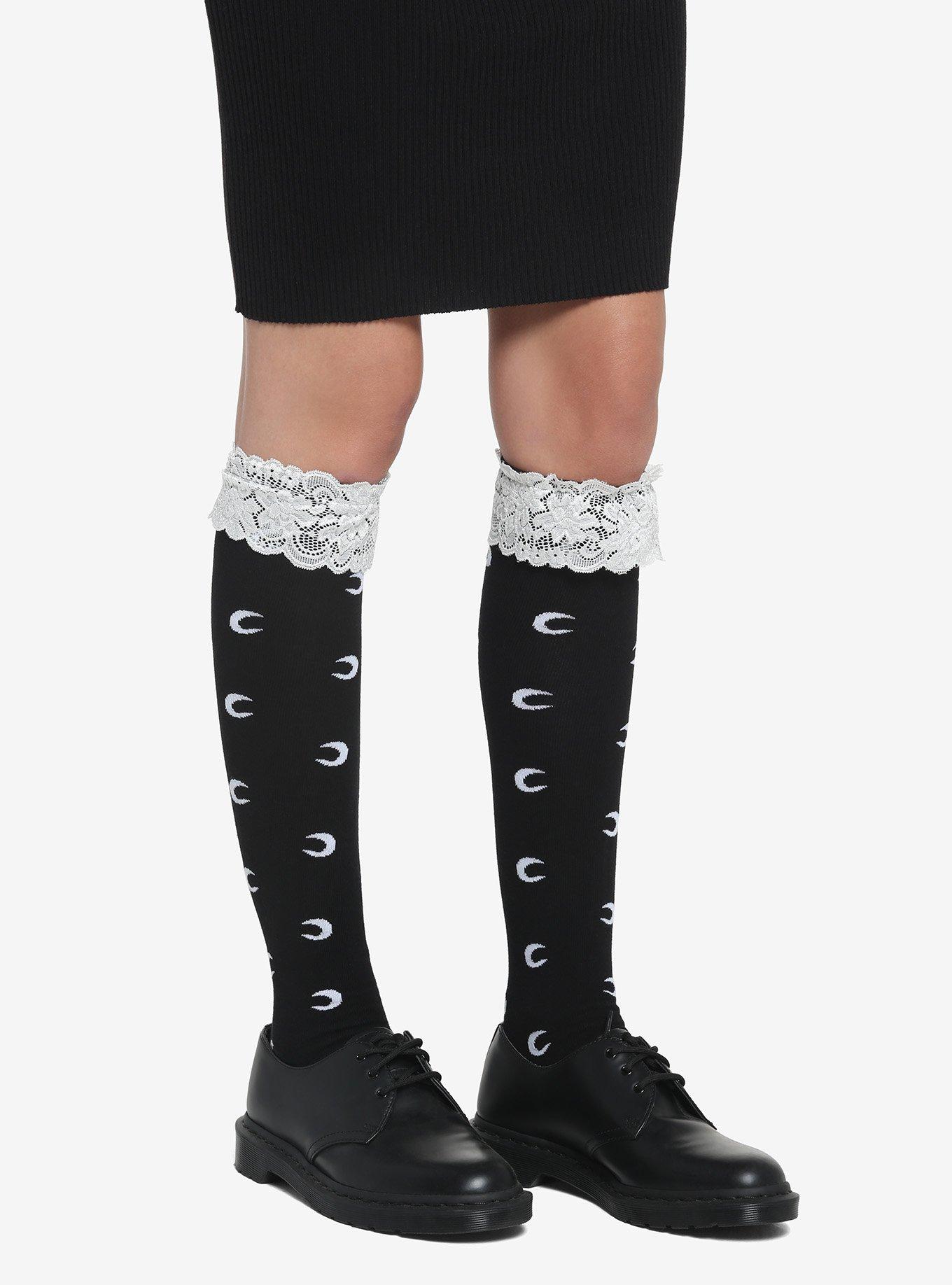 Crescent Moon Lace Ruffle Knee-High Socks, , hi-res