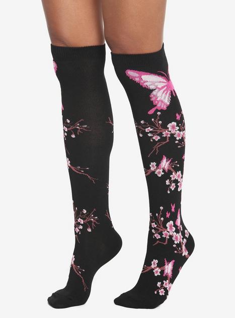 Butterfly Cherry Blossom Knee-High Socks | Hot Topic