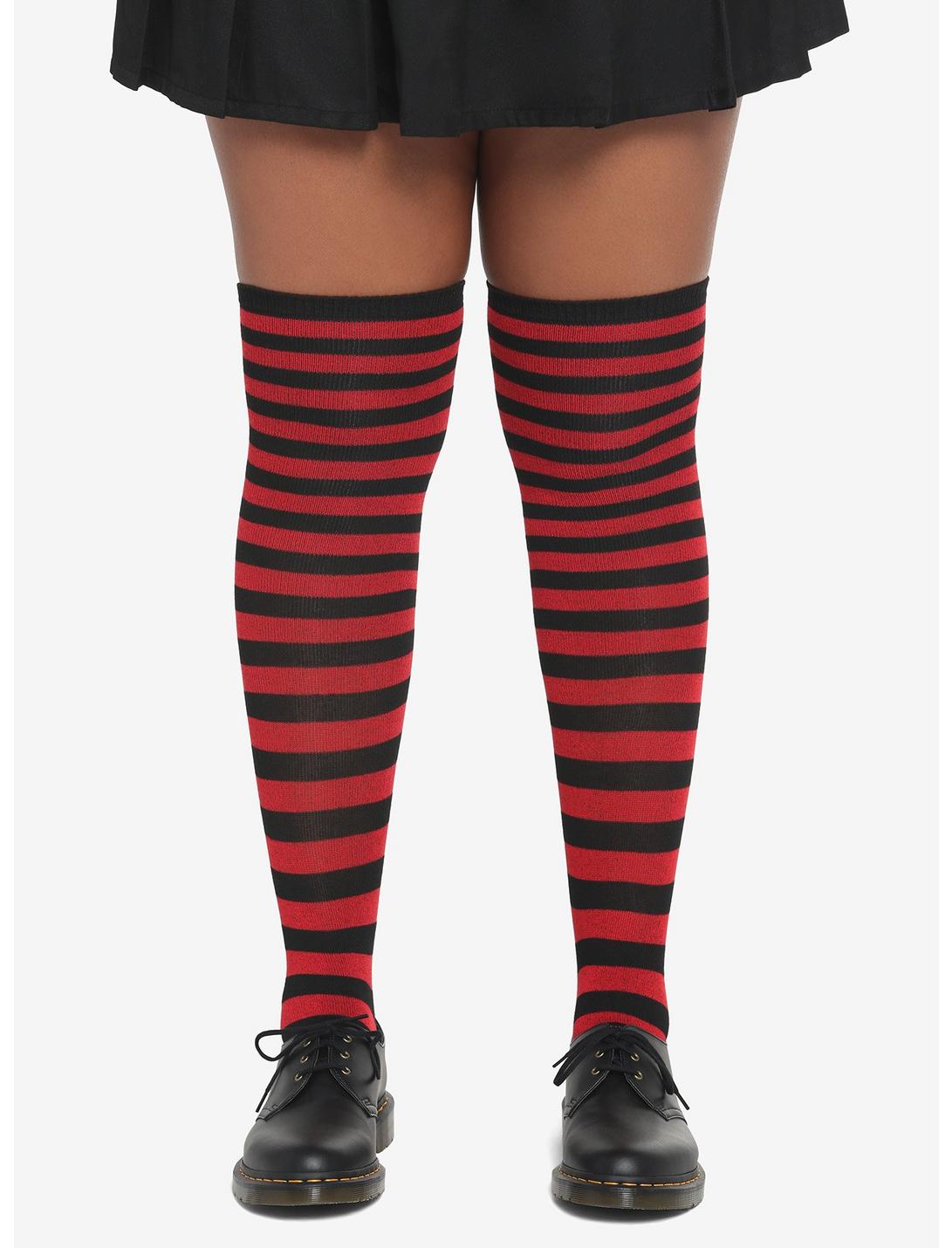 Red & Black Stripe Thigh-High Socks Plus Size, , hi-res